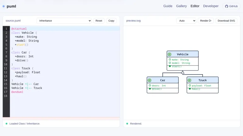 The puml studio editor with PlantUML class source on the left and the SVG class diagram, rendered by the in-browser WASM engine, on the right.